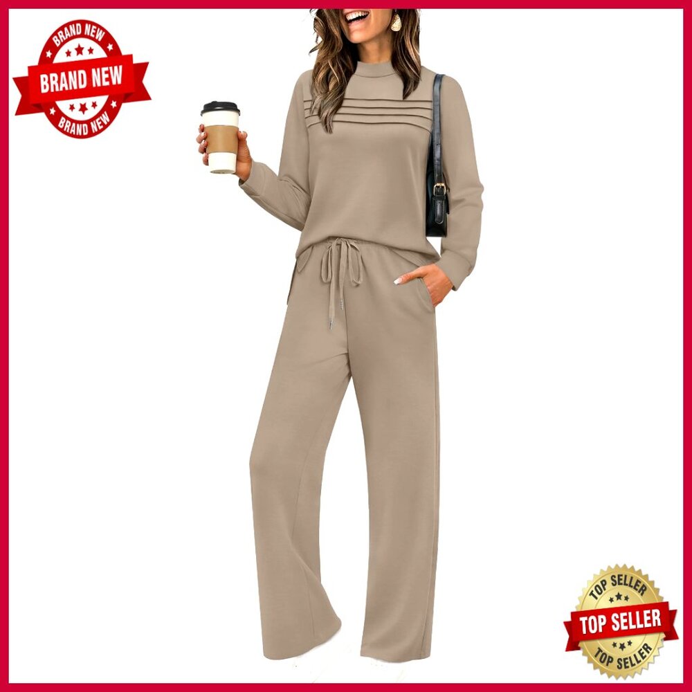 Long Sleeve Two Piece Lounge Set Wide Leg Pants Side Slit Travel Outfit